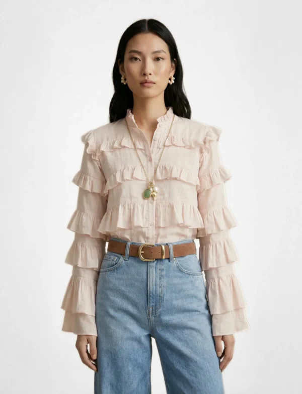 Blush Tiered Ruffle Ensemble with straight denim