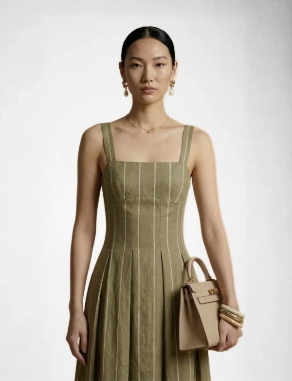 Olive Pinstripe Pleated Maxi