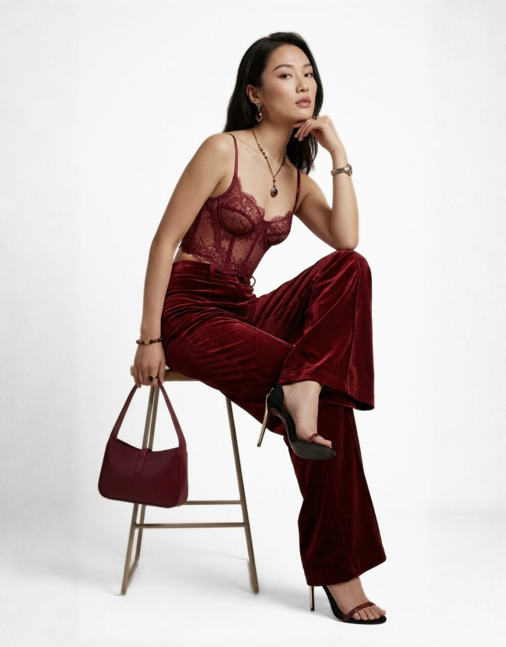 Burgundy Lace & Velvet Set