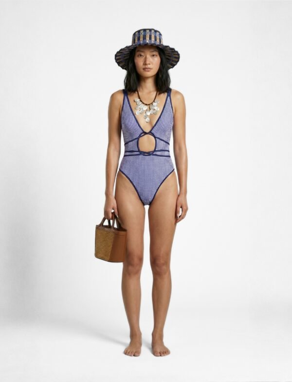 Gingham-print one-piece with front cutout, high-leg cut, and crossover strap detailing