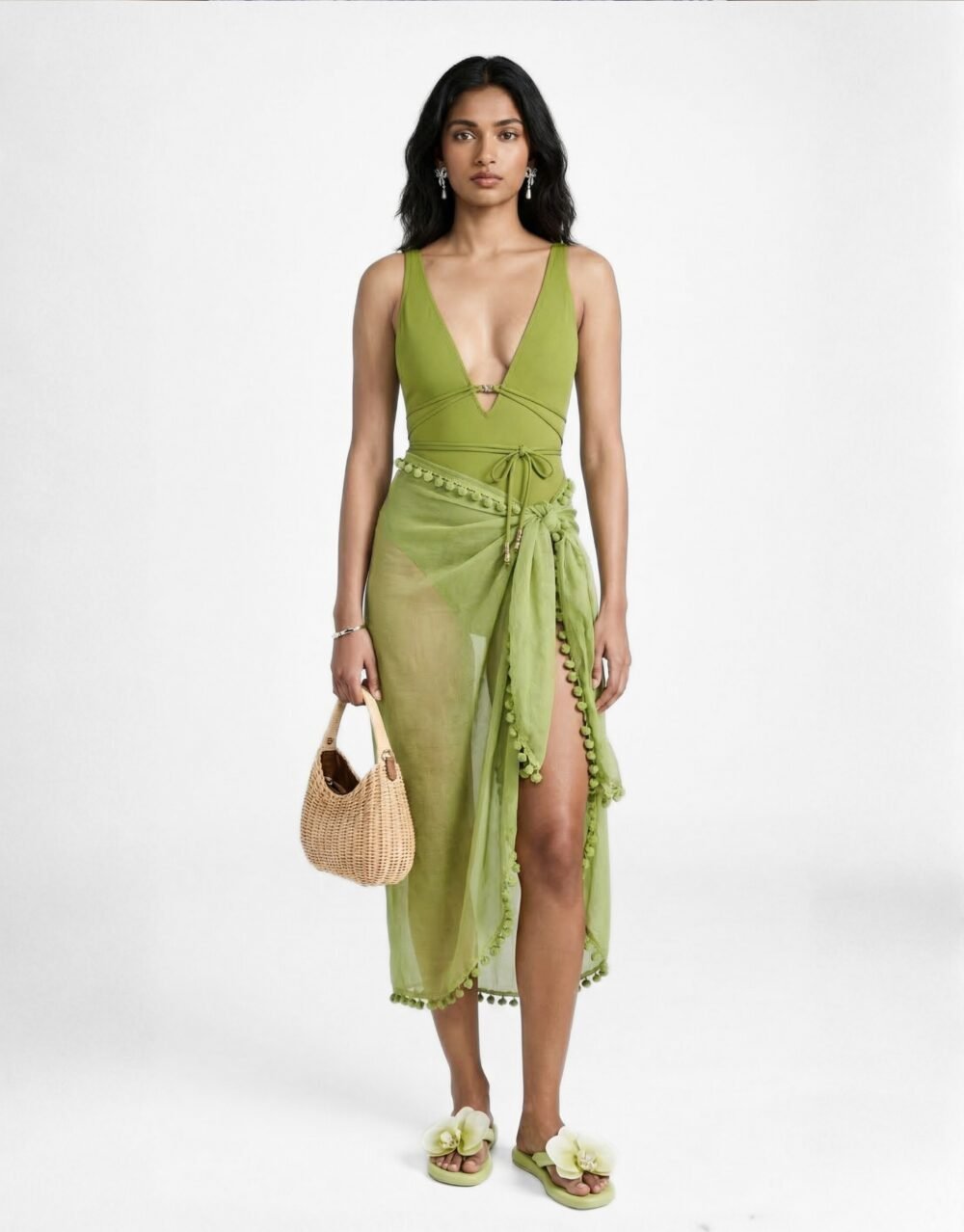 High-quality olive one-piece bundled with essential summer-ready accessories