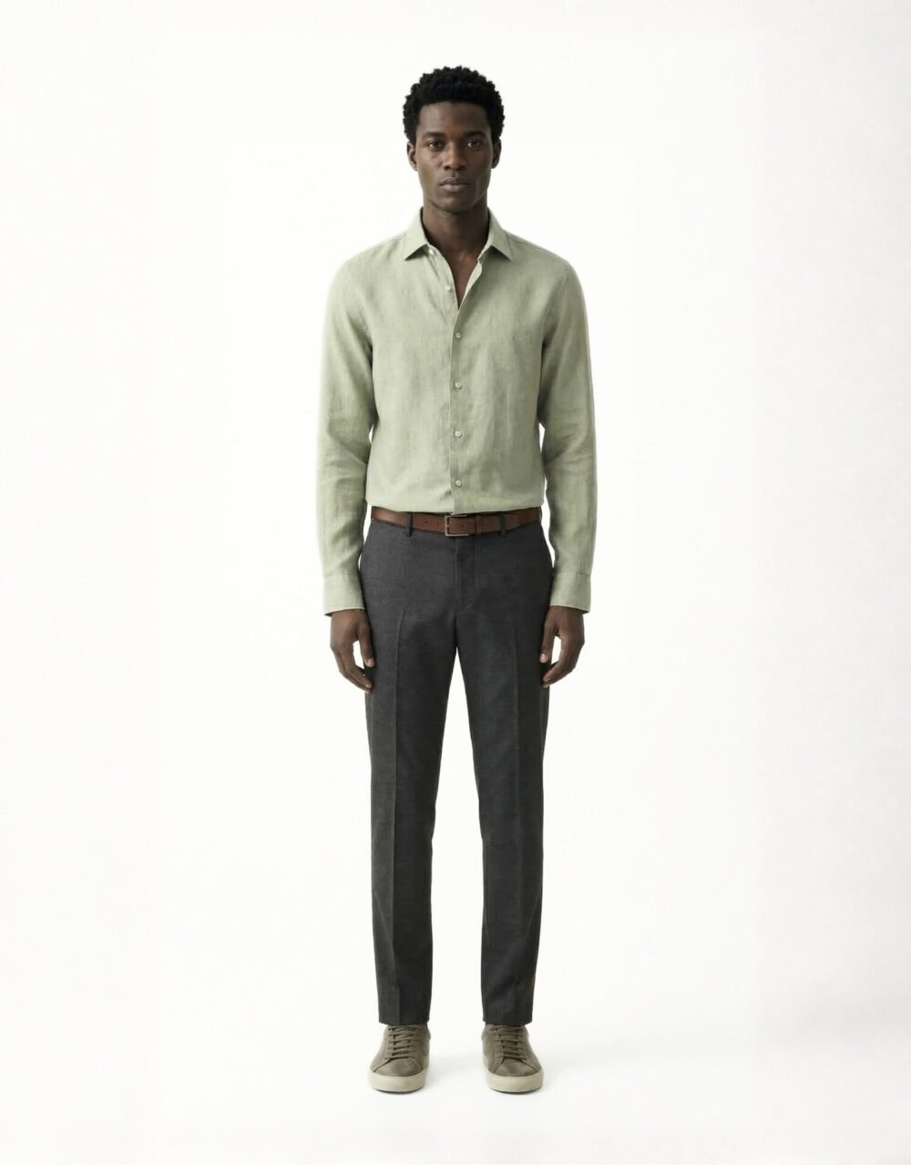 Light Green Linen Shirt with Charcoal Tailored Trousers and Minimal Sneakers