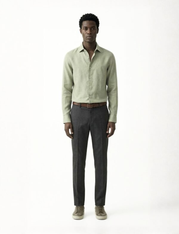 Light Green Linen Shirt with Charcoal Tailored Trousers and Minimal Sneakers
