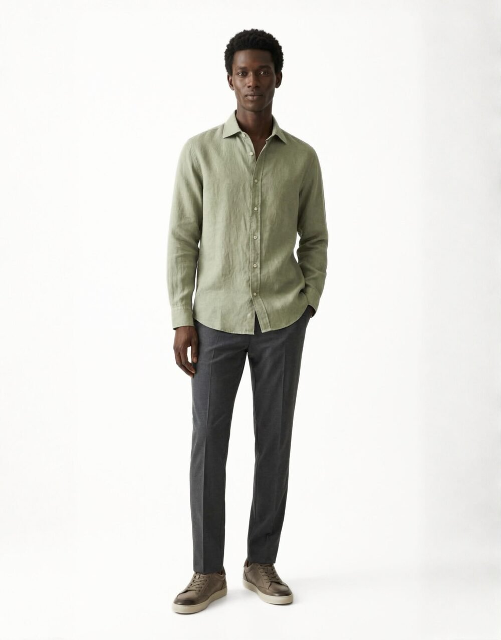 Light Green Linen Shirt with Charcoal Tailored Trousers and Minimal Sneakers