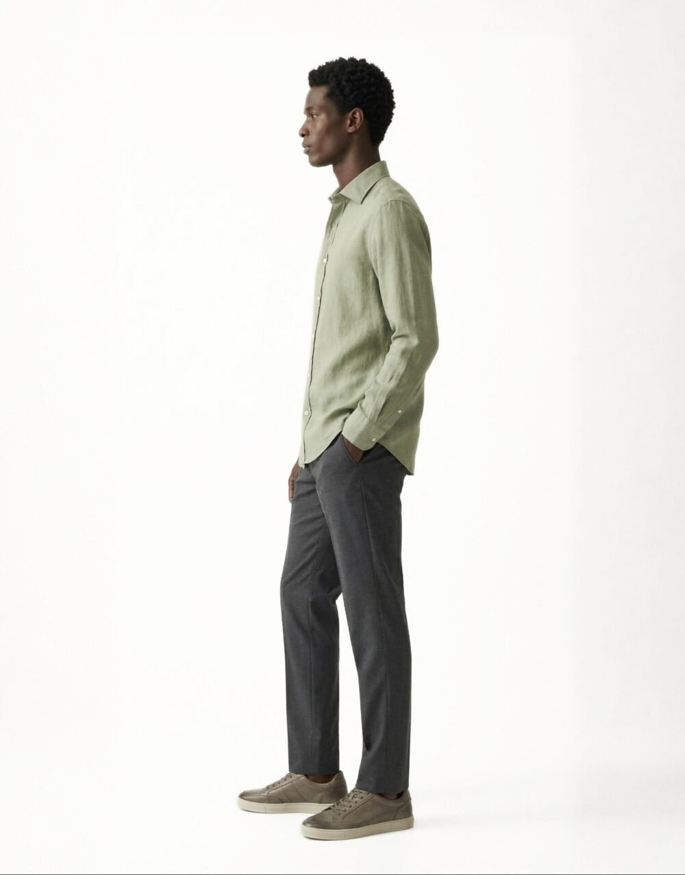 Light Green Linen Shirt with Charcoal Tailored Trousers and Minimal Sneakers
