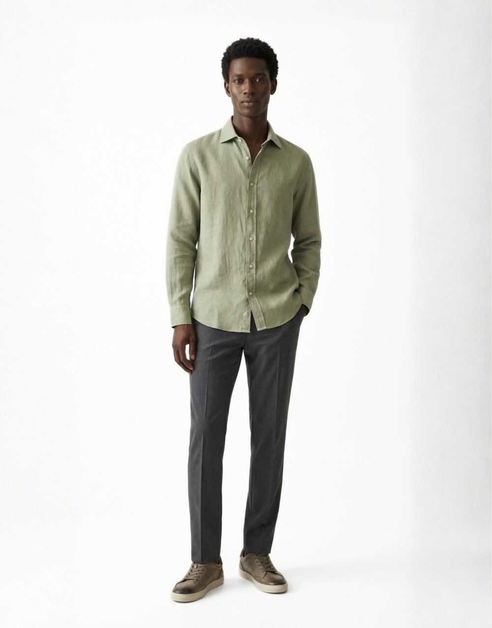 Light Green Linen Shirt with Charcoal Tailored Trousers and Minimal Sneakers