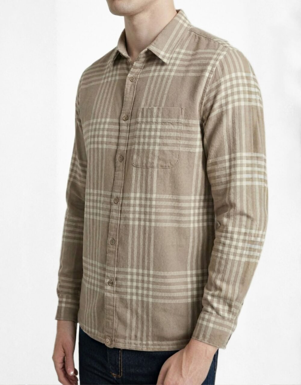 Neutral Check Shirt Styled with Dark Denim and Sunglasses