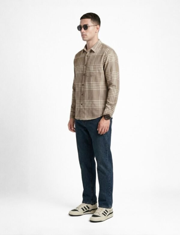 Neutral Check Shirt Styled with Dark Denim and Sunglasses
