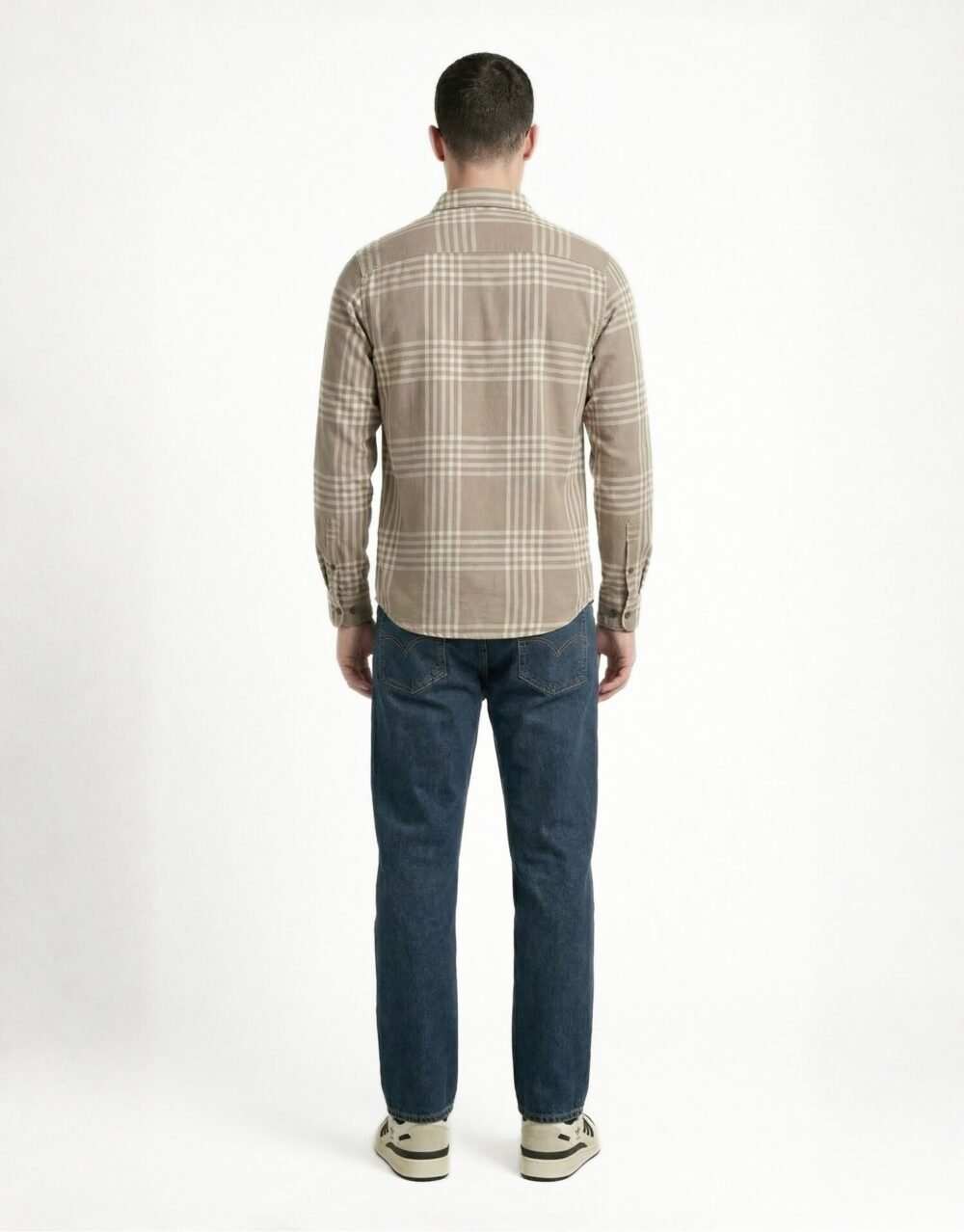 Neutral Check Shirt Styled with Dark Denim and Sunglasses