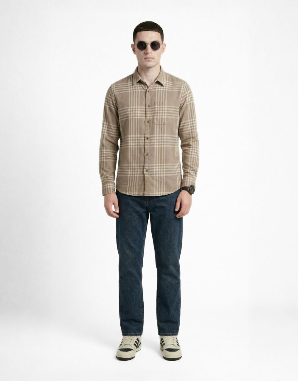 Neutral Check Shirt Styled with Dark Denim and Sunglasses
