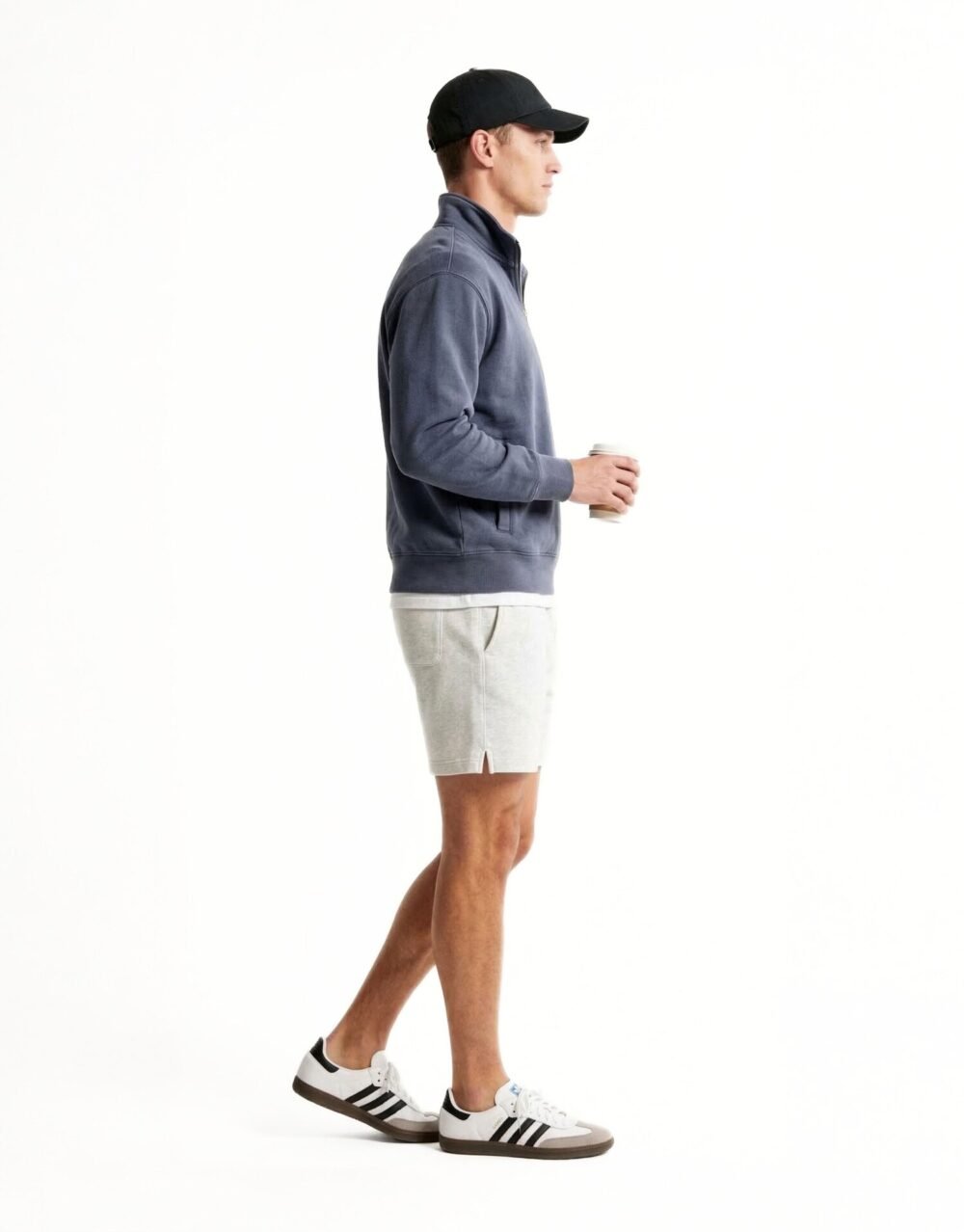 Relaxed Fit Half-Zip Sweatshirt with Jersey Shorts and Cap – Blue_Grey