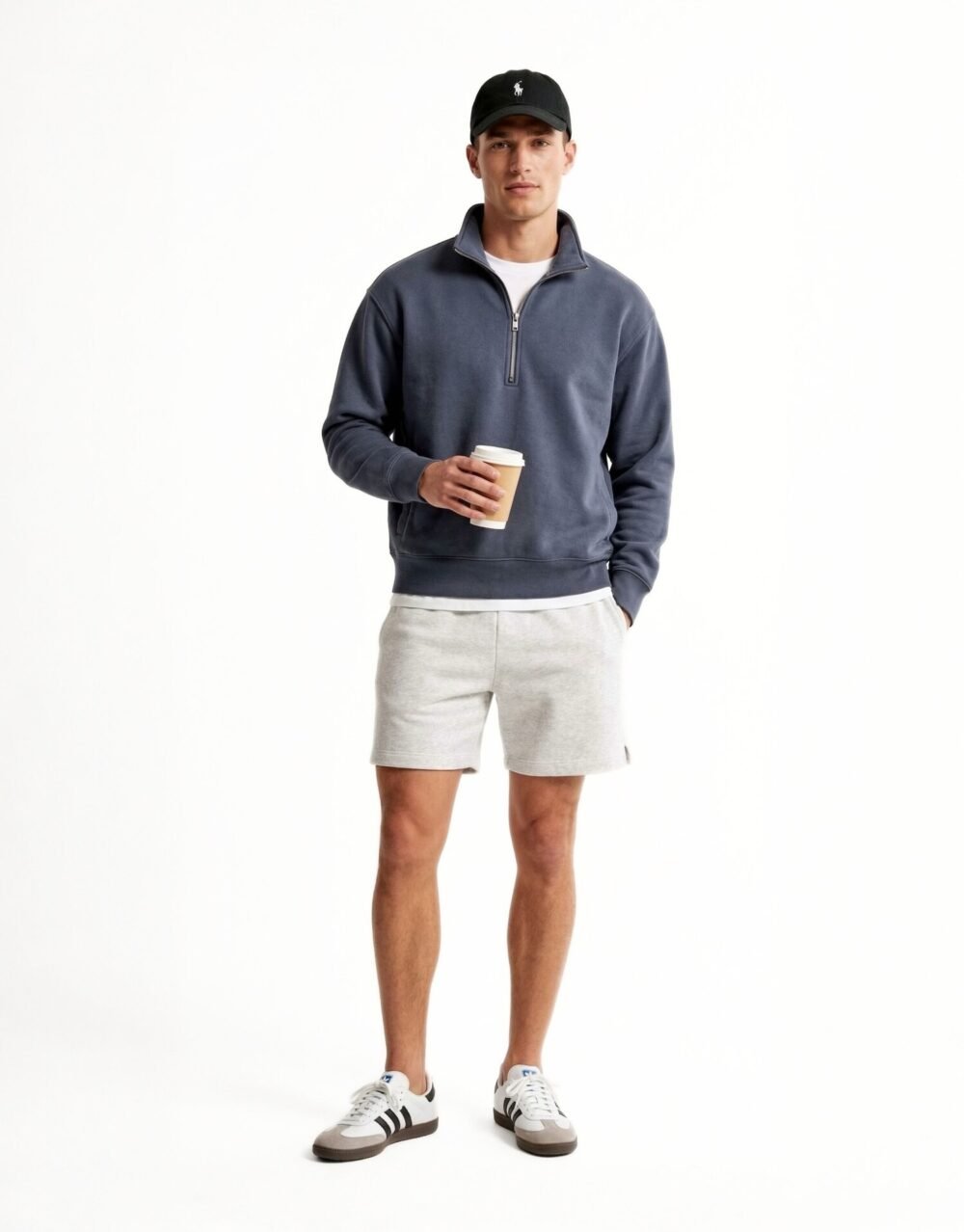 Relaxed Fit Half-Zip Sweatshirt with Jersey Shorts and Cap – Blue_Grey