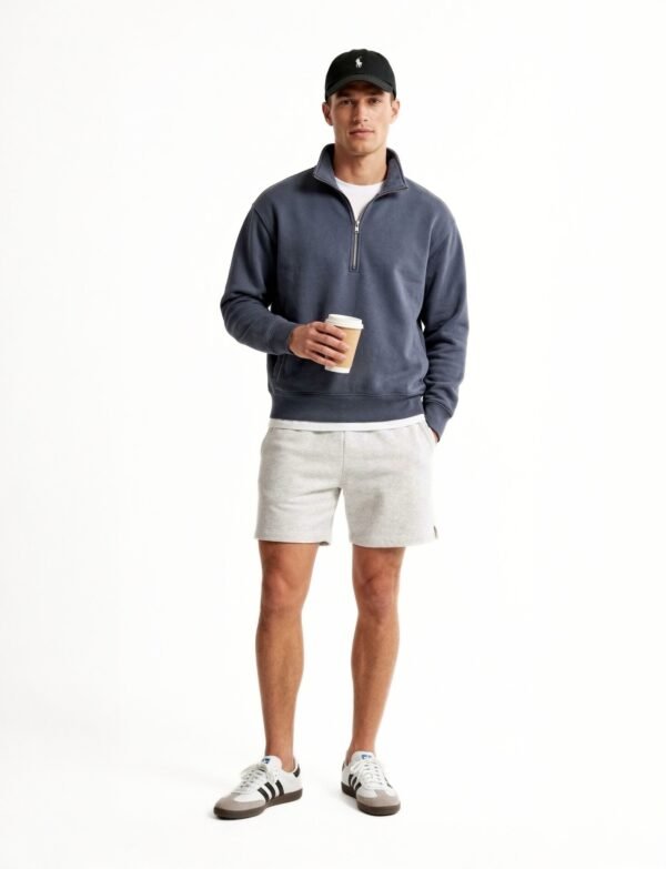 Relaxed Fit Half-Zip Sweatshirt with Jersey Shorts and Cap – Blue_Grey