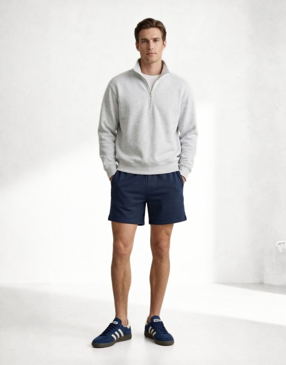Relaxed Fit Half-Zip Sweatshirt with Knit Shorts – Grey_Navy