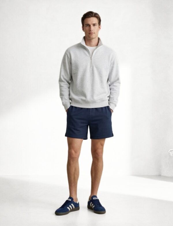 Relaxed Fit Half-Zip Sweatshirt with Knit Shorts – Grey_Navy