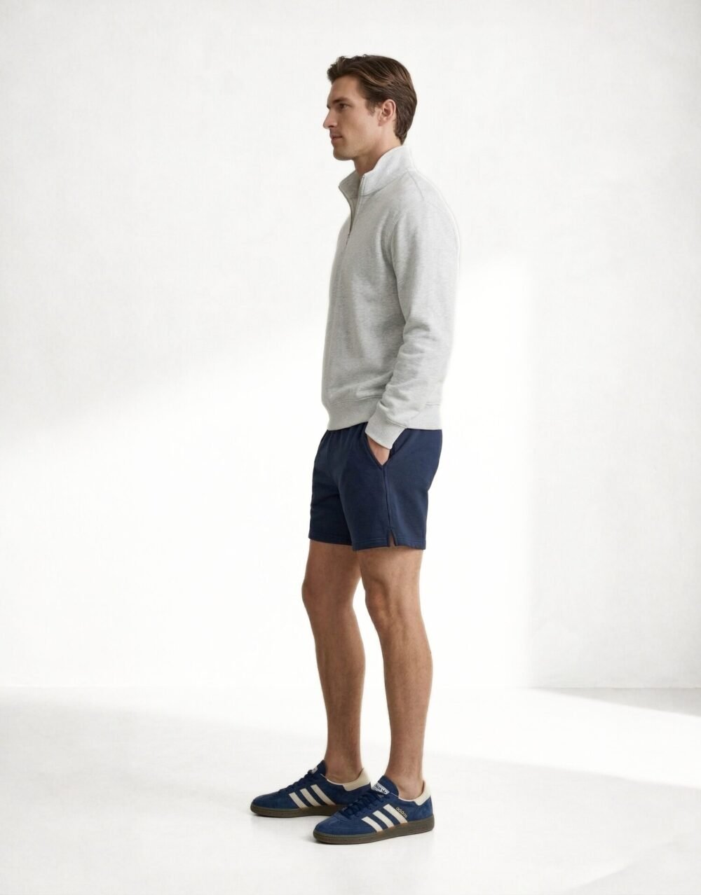 Relaxed Fit Half-Zip Sweatshirt with Knit Shorts – Grey_Navy