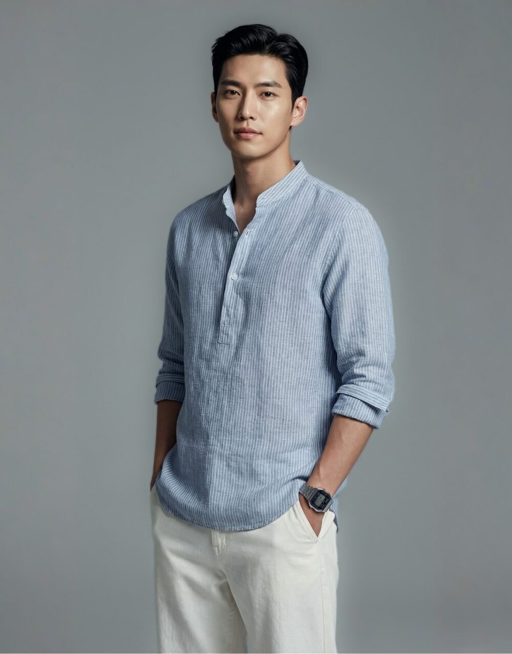Relaxed-fit striped Henley shirt paired with lightweight trousers in an effortless smart-casual look