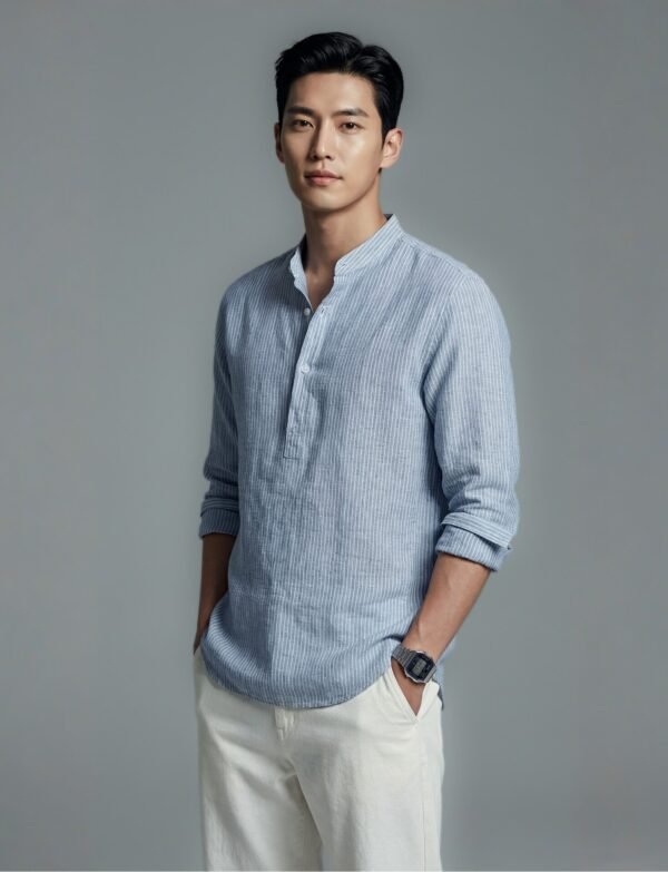 Relaxed-fit striped Henley shirt paired with lightweight trousers in an effortless smart-casual look