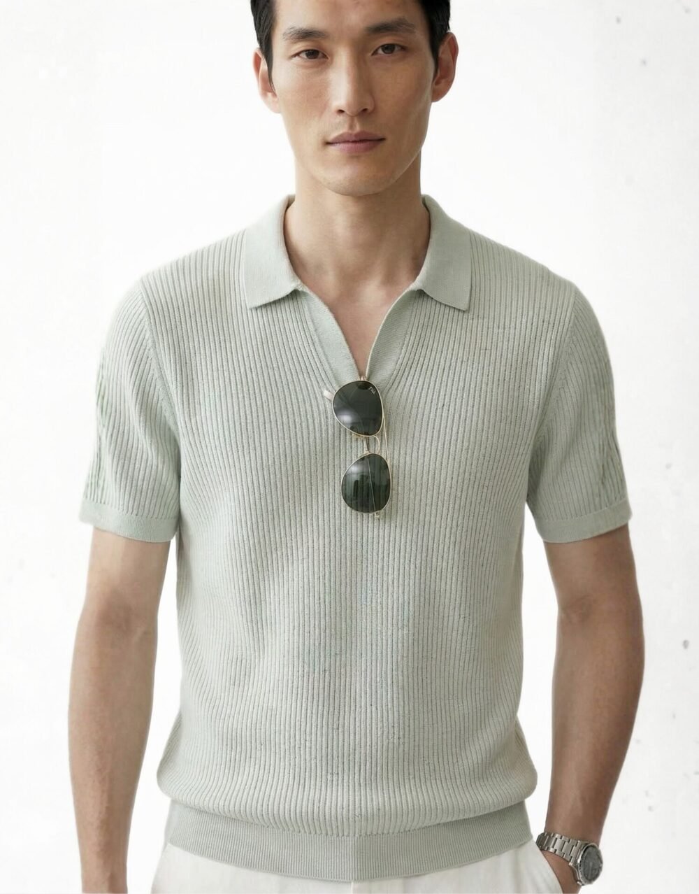 Slim Fit Ribbed Polo Shirt with Cotton Trousers – Light Green_White