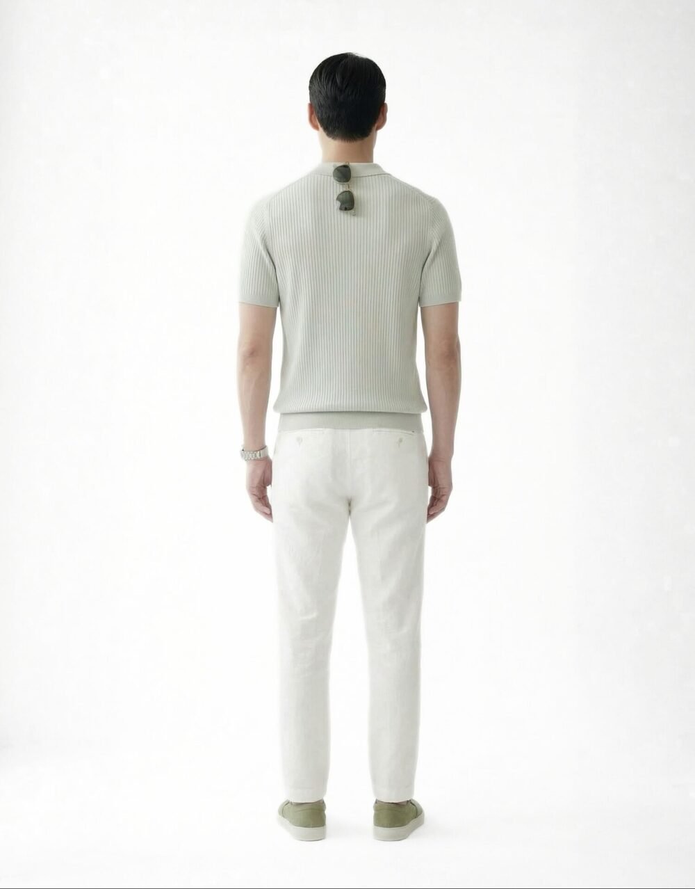 Slim Fit Ribbed Polo Shirt with Cotton Trousers – Light Green_White