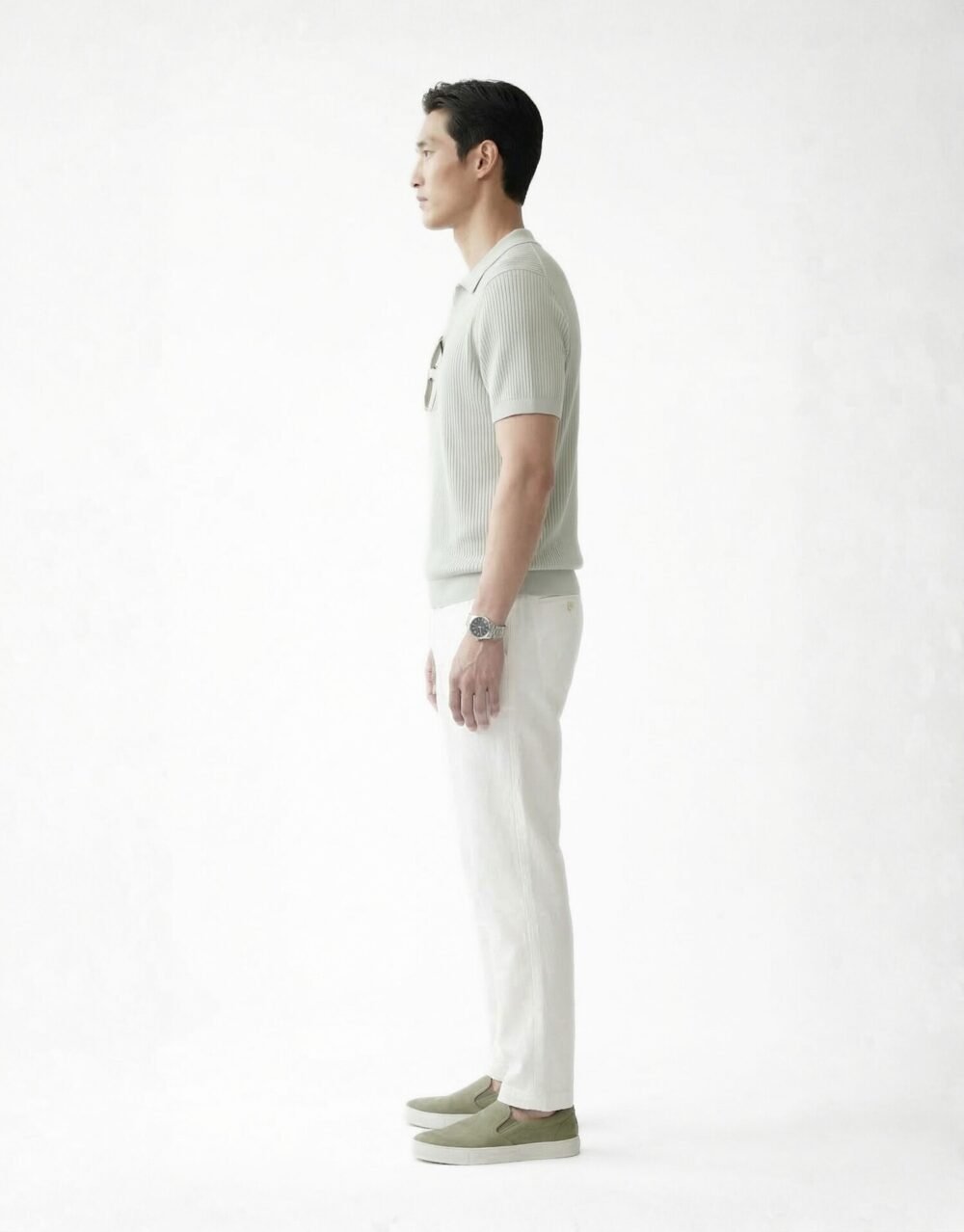 Slim Fit Ribbed Polo Shirt with Cotton Trousers – Light Green_White