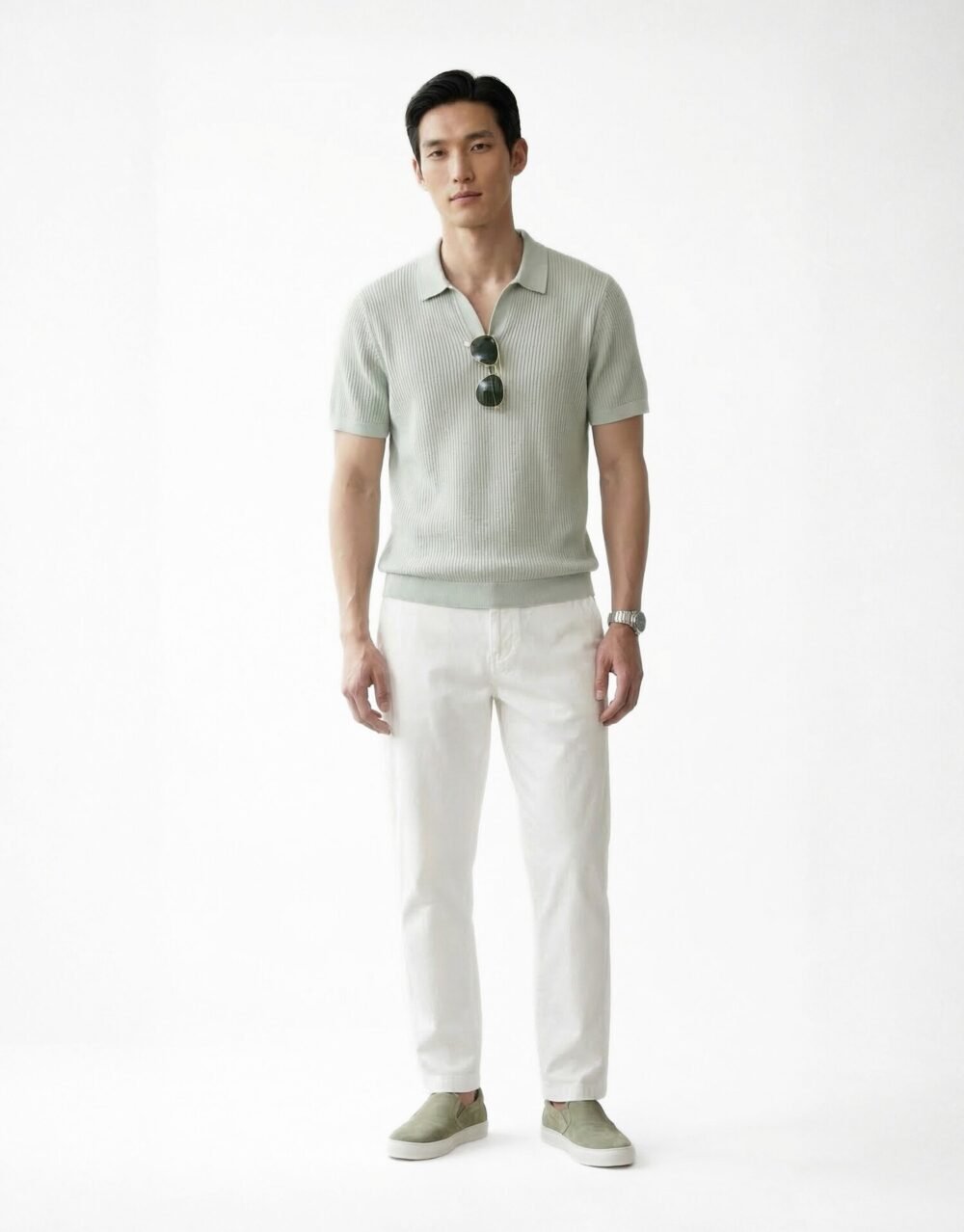 Slim Fit Ribbed Polo Shirt with Cotton Trousers – Light Green_White