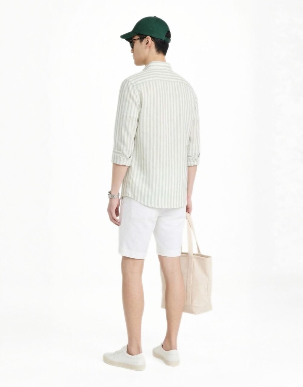 Slim Fit Striped Cotton Shirt – Light Green with white pants pair with green cap