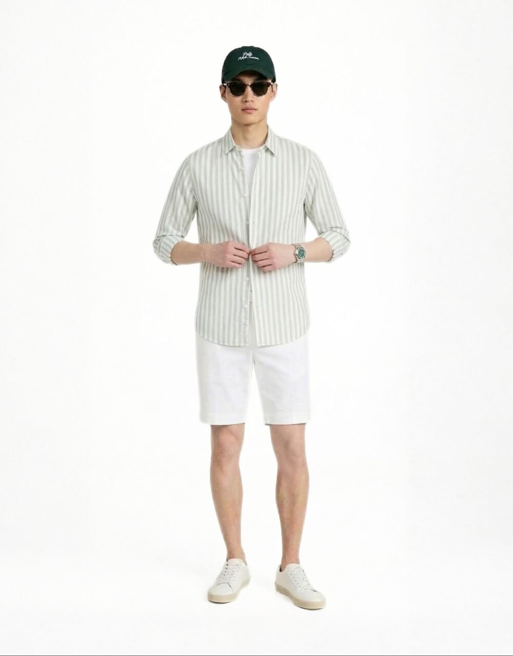 Slim Fit Striped Cotton Shirt – Light Green with white pants pair with green cap