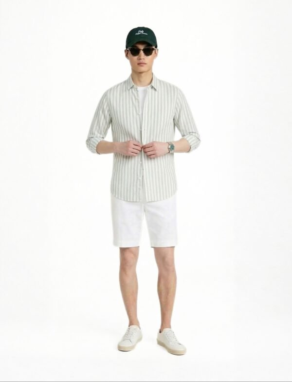 Slim Fit Striped Cotton Shirt – Light Green with white pants pair with green cap