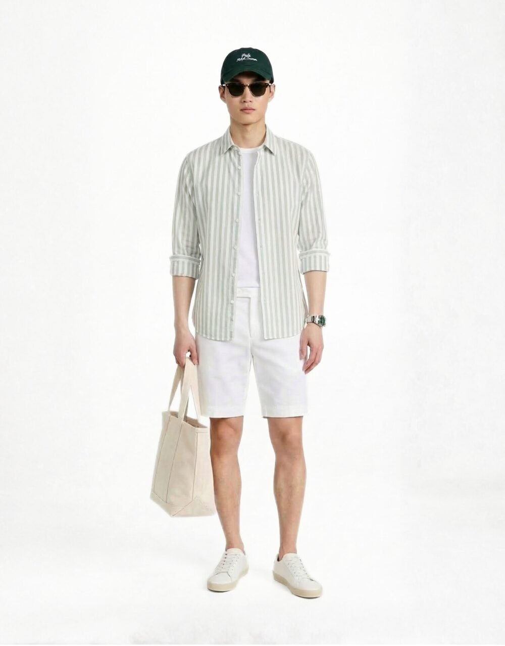 Slim Fit Striped Cotton Shirt – Light Green with white pants pair with green cap