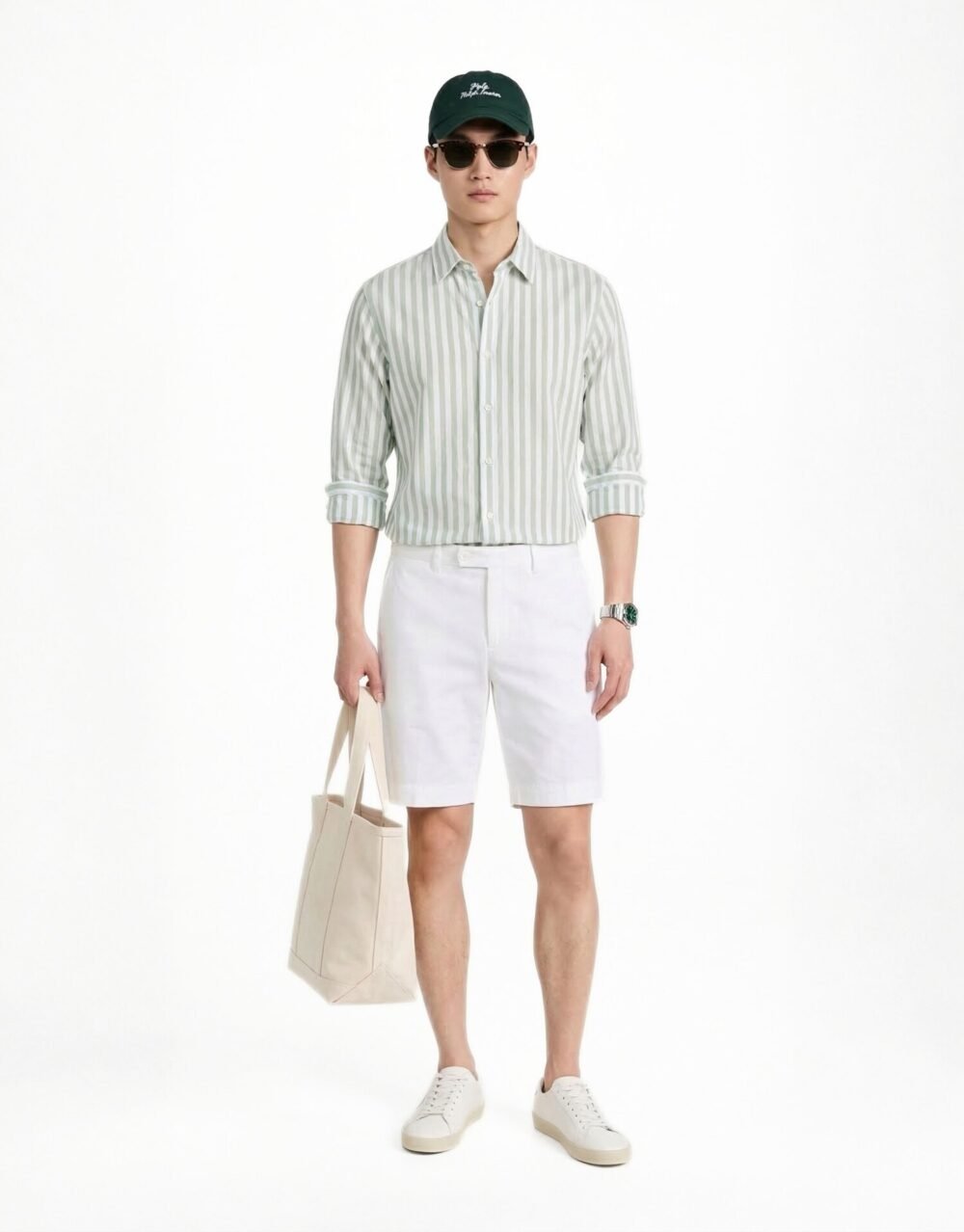 Slim Fit Striped Cotton Shirt – Light Green with white pants pair with green cap