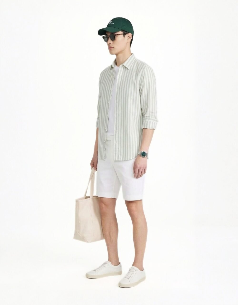 Slim Fit Striped Cotton Shirt – Light Green with white pants pair with green cap