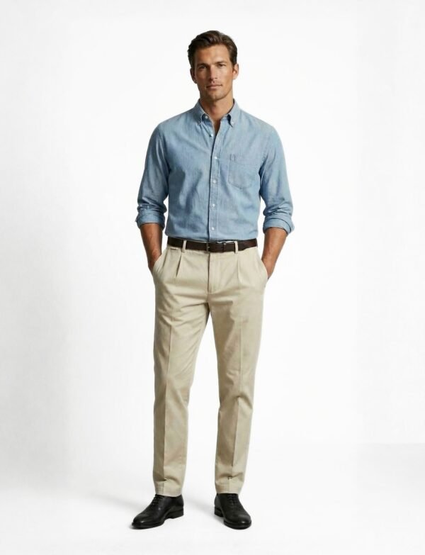 Slim-fit button-down shirt paired with pleated trousers in a refined, modern smart-casual style