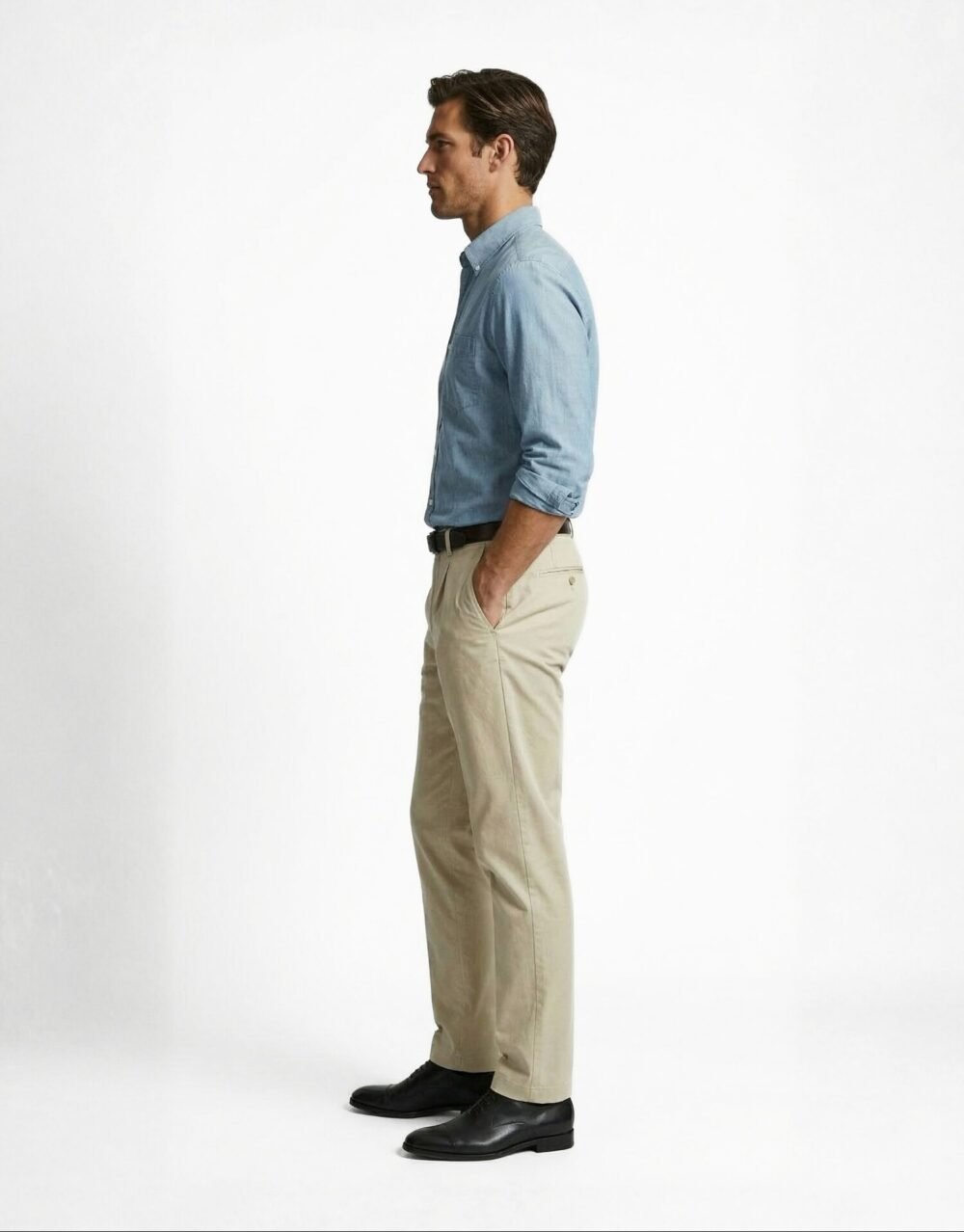 Slim-fit button-down shirt paired with pleated trousers in a refined, modern smart-casual style