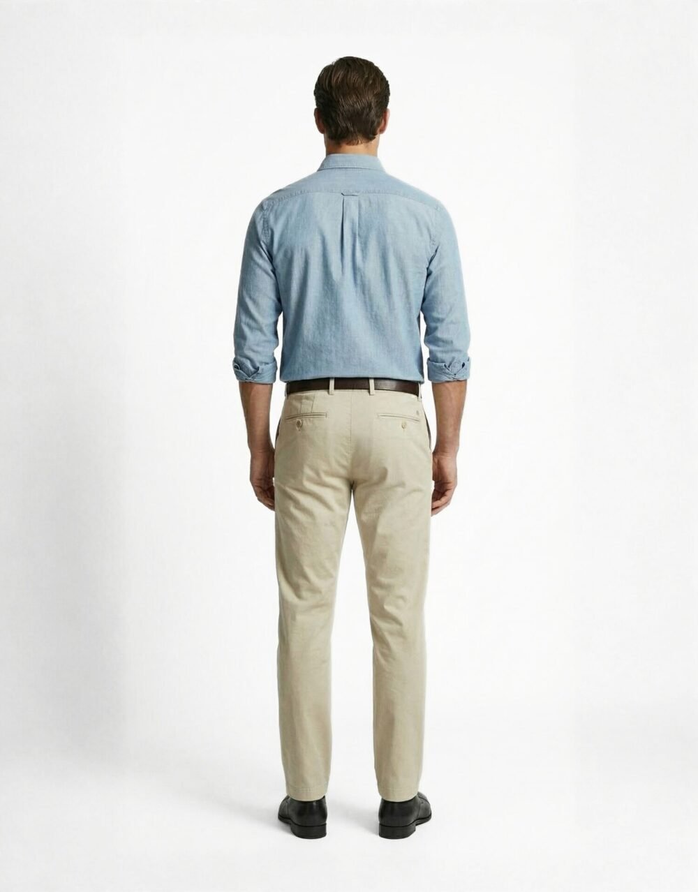 Slim-fit button-down shirt paired with pleated trousers in a refined, modern smart-casual style