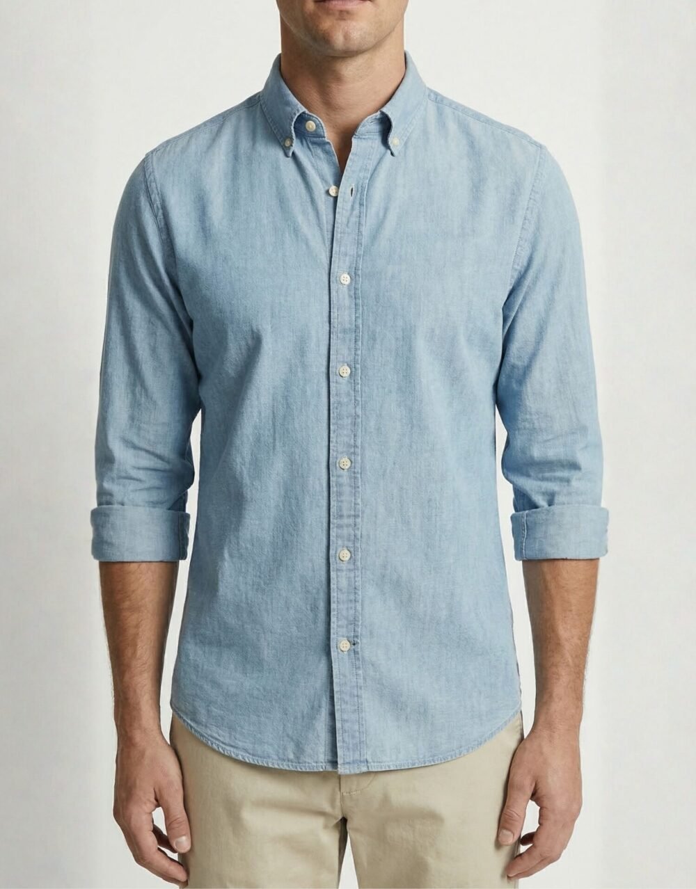 Slim-fit button-down shirt paired with pleated trousers in a refined, modern smart-casual style