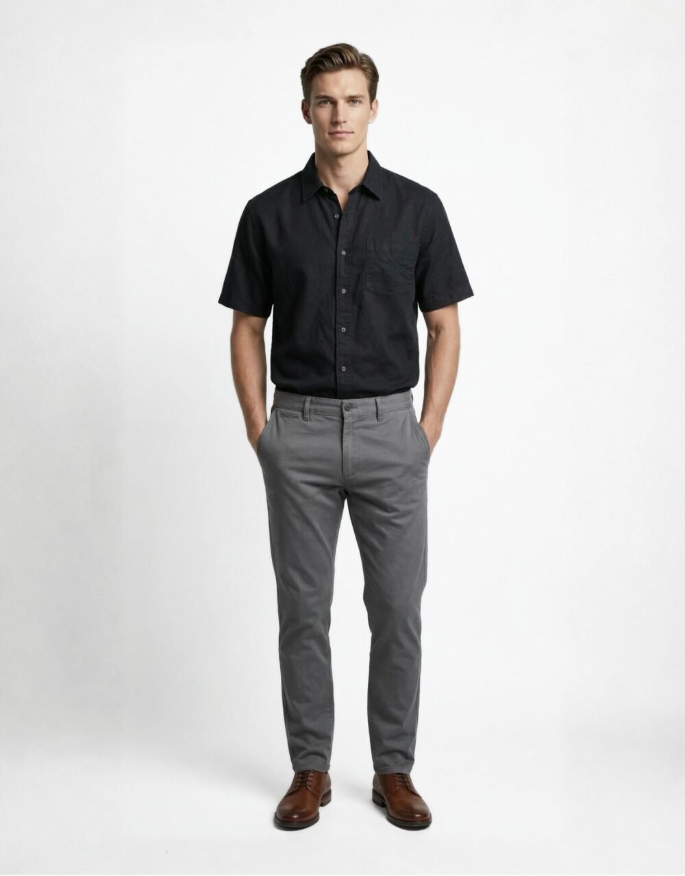 Slim-fit short-sleeve shirt paired with tailored trousers for a clean, minimal smart-casual look