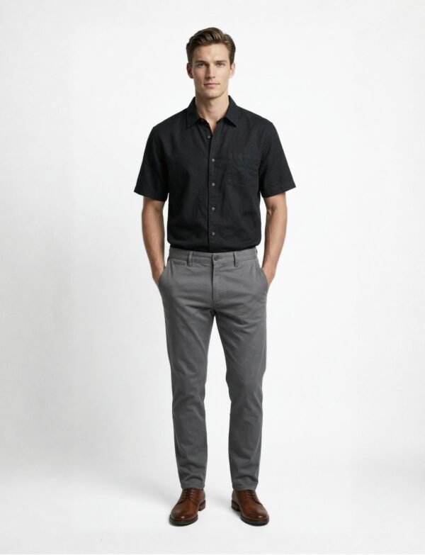 Slim-fit short-sleeve shirt paired with tailored trousers for a clean, minimal smart-casual look