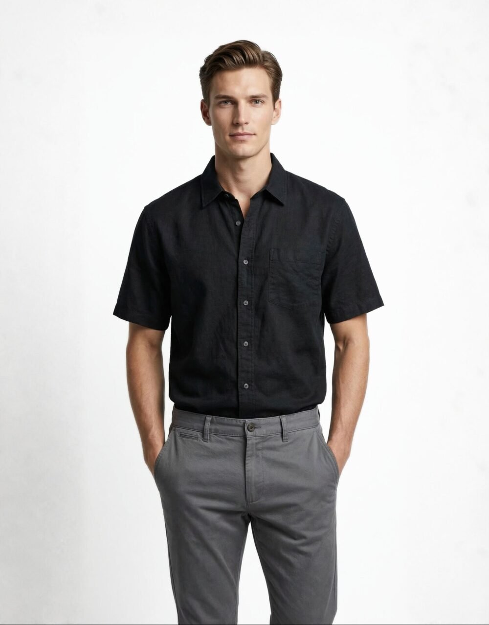 Slim-fit short-sleeve shirt paired with tailored trousers for a clean, minimal smart-casual look