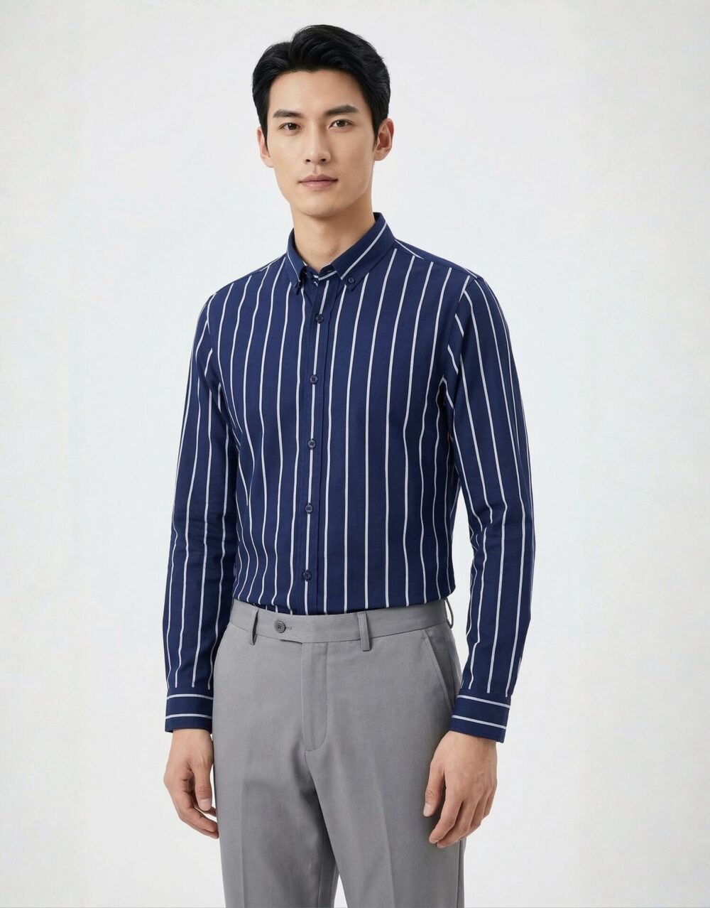 Slim-fit striped shirt with tailored trousers in a clean, modern smart-casual silhouette