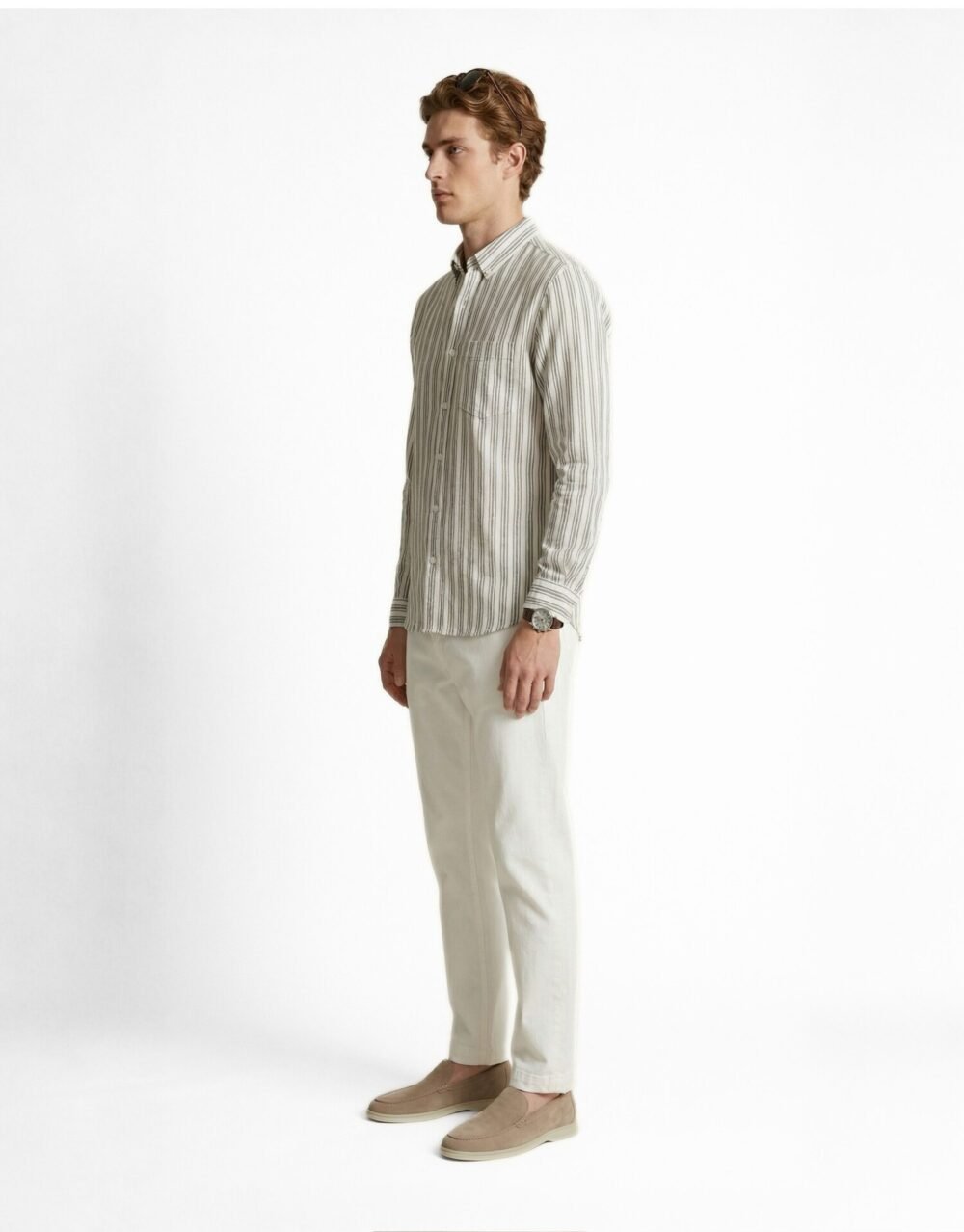 Striped Shirt with White Relaxed-Fit Pants and Sunglasses