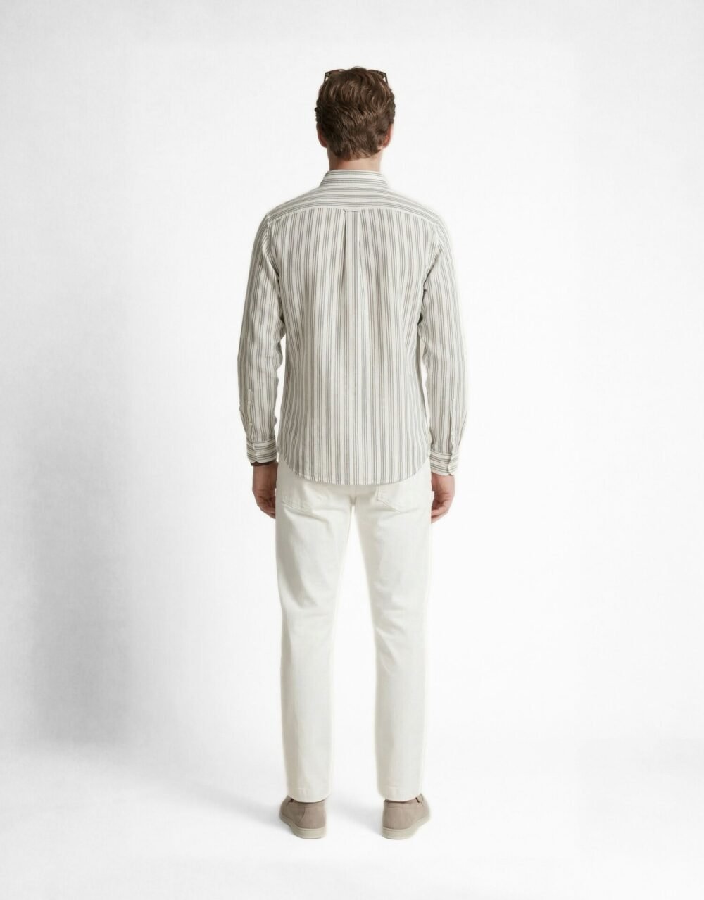 Striped Shirt with White Relaxed-Fit Pants and Sunglasses