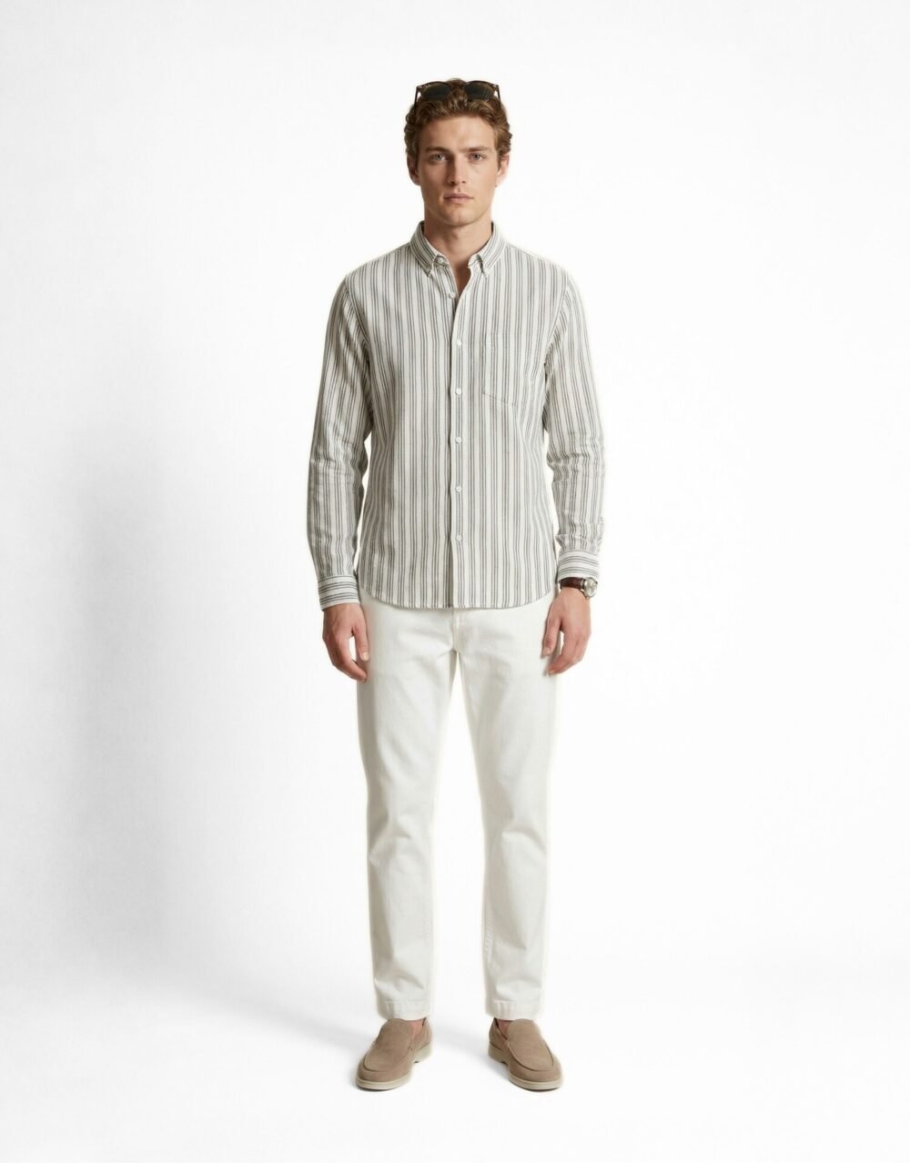 Striped Shirt with White Relaxed-Fit Pants and Sunglasses