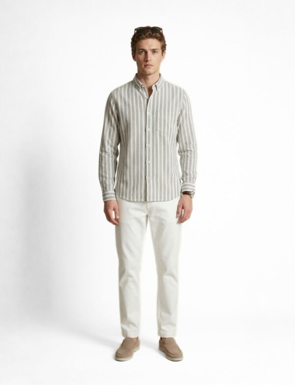 Striped Shirt with White Relaxed-Fit Pants and Sunglasses