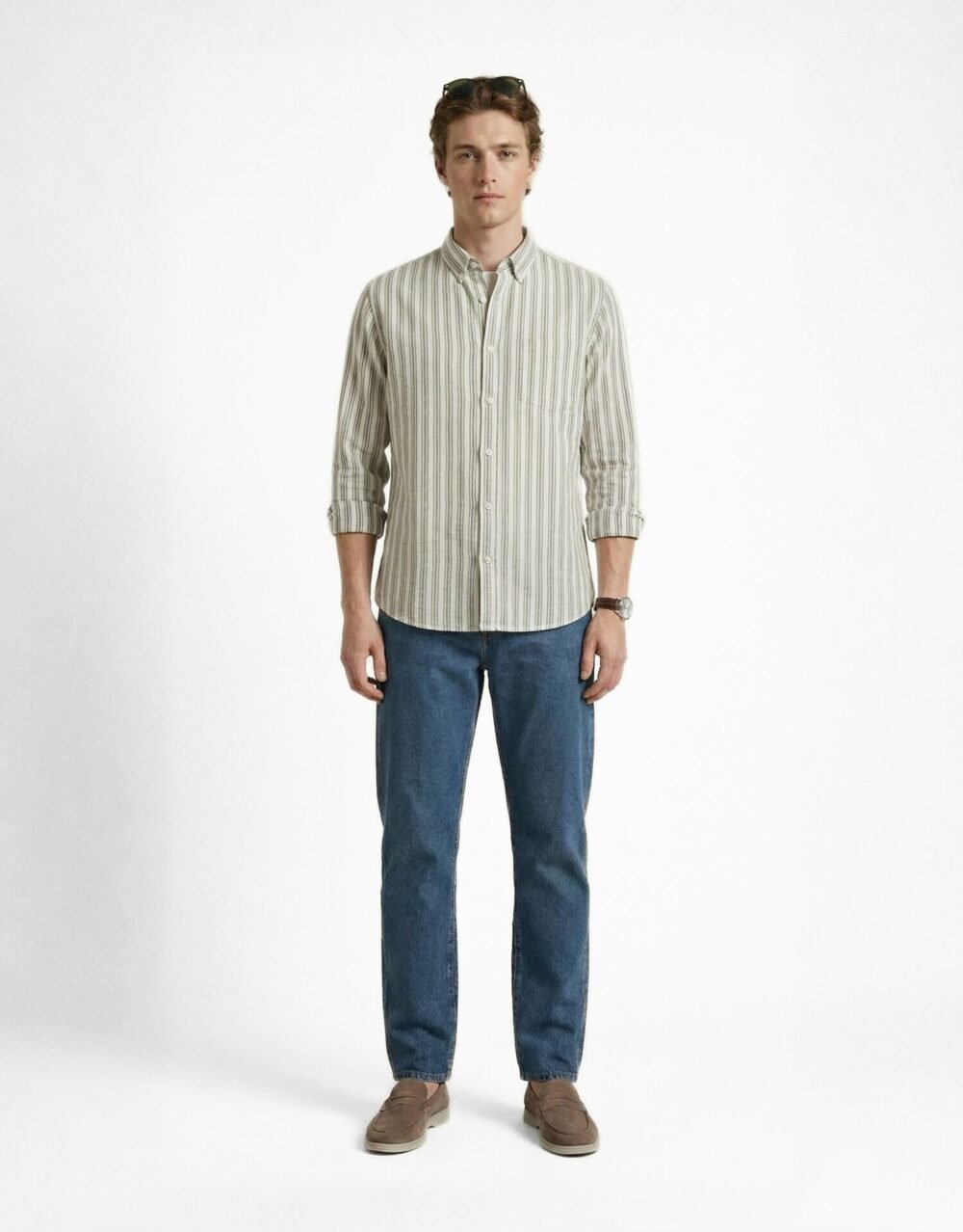 Striped cottonSlim Fit Shirt Styled with Sunglasses and Washed Relaxed-Fit Denim