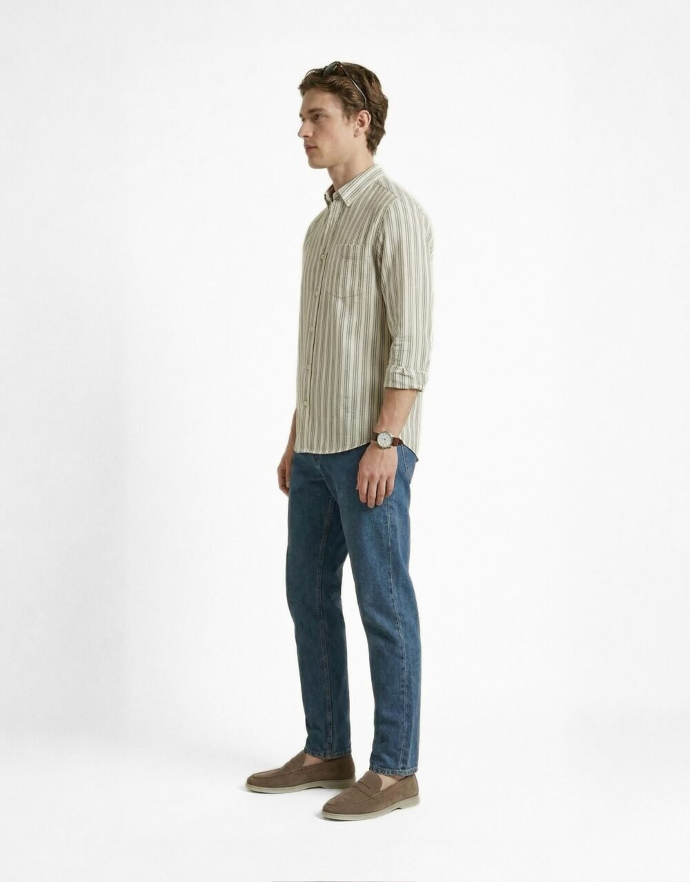 Striped cottonSlim Fit Shirt Styled with Sunglasses and Washed Relaxed-Fit Denim