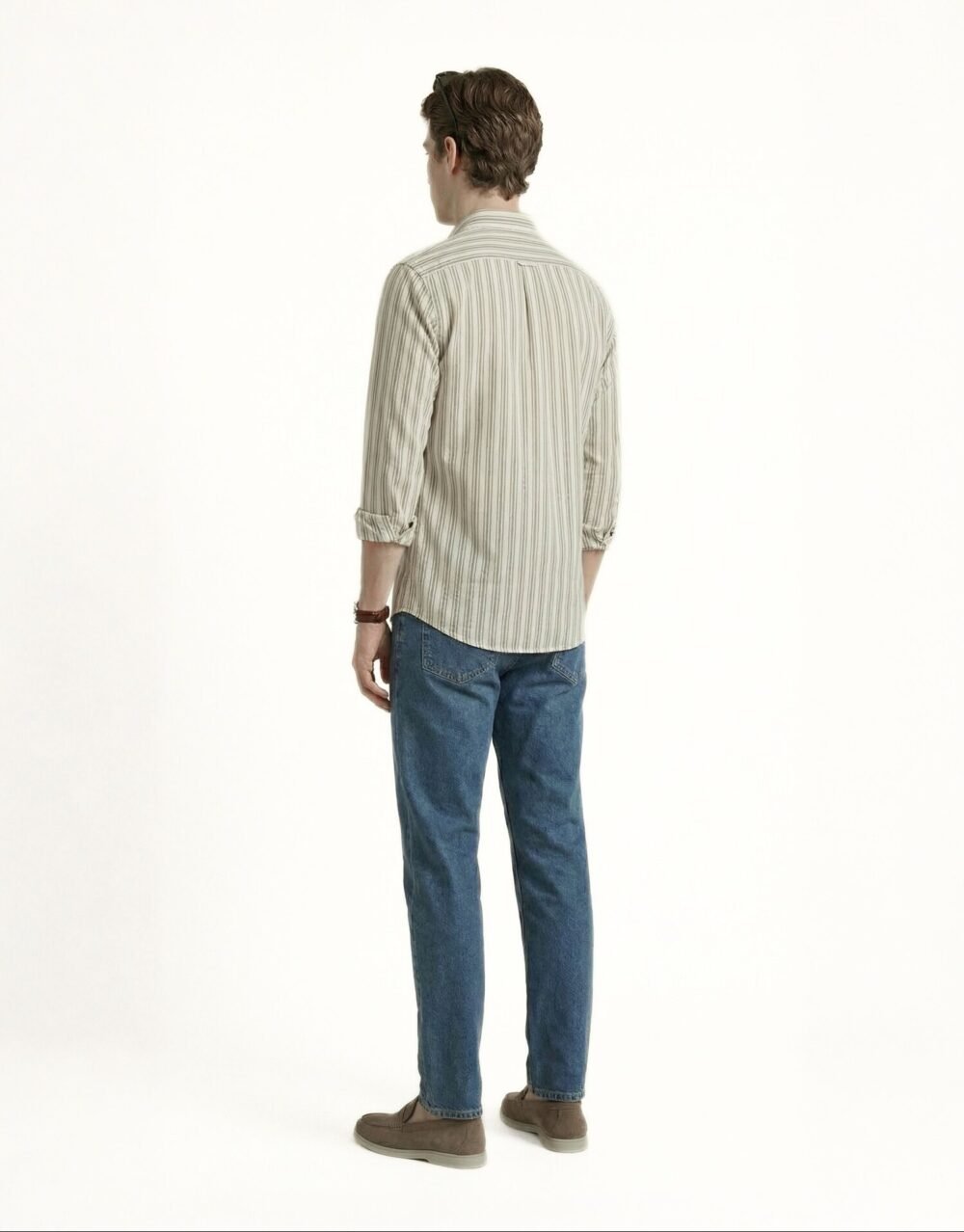 Striped cottonSlim Fit Shirt Styled with Sunglasses and Washed Relaxed-Fit Denim