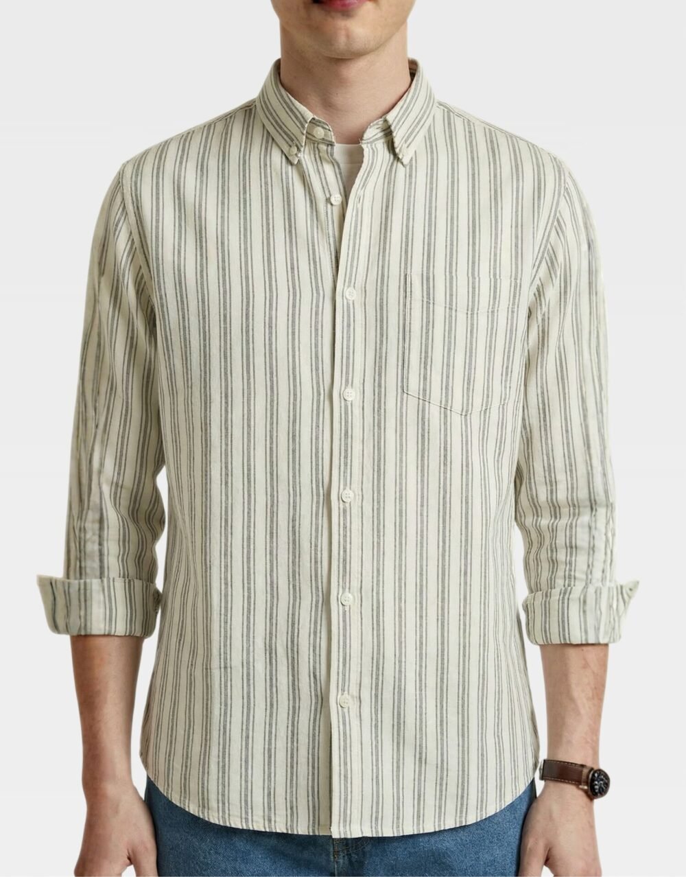 Striped cottonSlim Fit Shirt Styled with Sunglasses and Washed Relaxed-Fit Denim