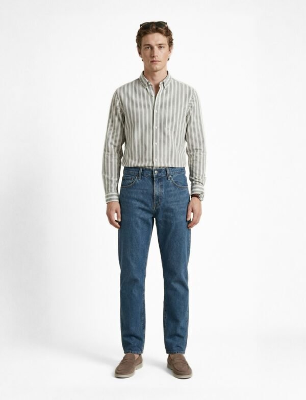 Striped cottonSlim Fit Shirt Styled with Sunglasses and Washed Relaxed-Fit Denim