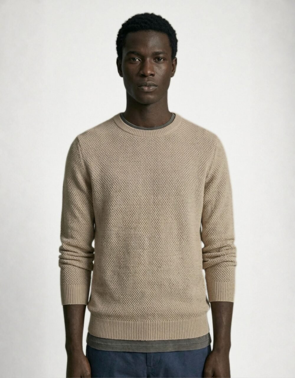 Textured Beige Knit Sweater with Relaxed Blue Trousers and Clean White Sneakers